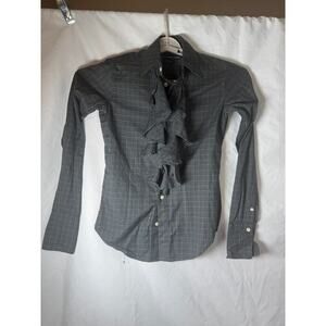 Ralph Lauren Sport Womens 2 Plaid Ruffle Button Down Shirt Long Sleeve Cotton